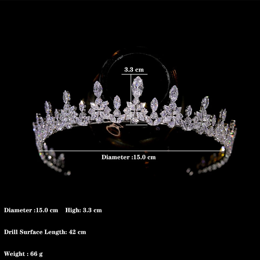 Product dimensions diagram for a bridal princess tiara, showing a 15.0 cm diameter, 3.3 cm height, and 42 cm drill surface length