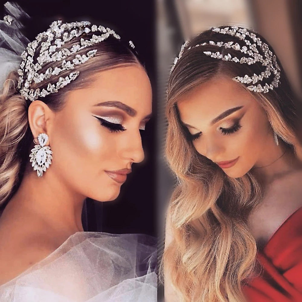 Dual-panel portrait view displaying two models wearing the elegant rhinestone bridal headpiece styled as a side hair clip extension and as an over-the-head crown.
