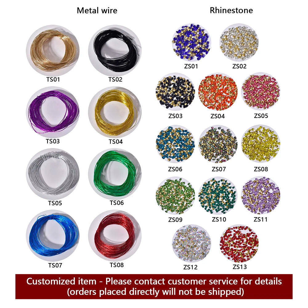 A chart illustrating customized metal wire loops and color variants of rhinestone crystals for handmade bridal hair accessories.