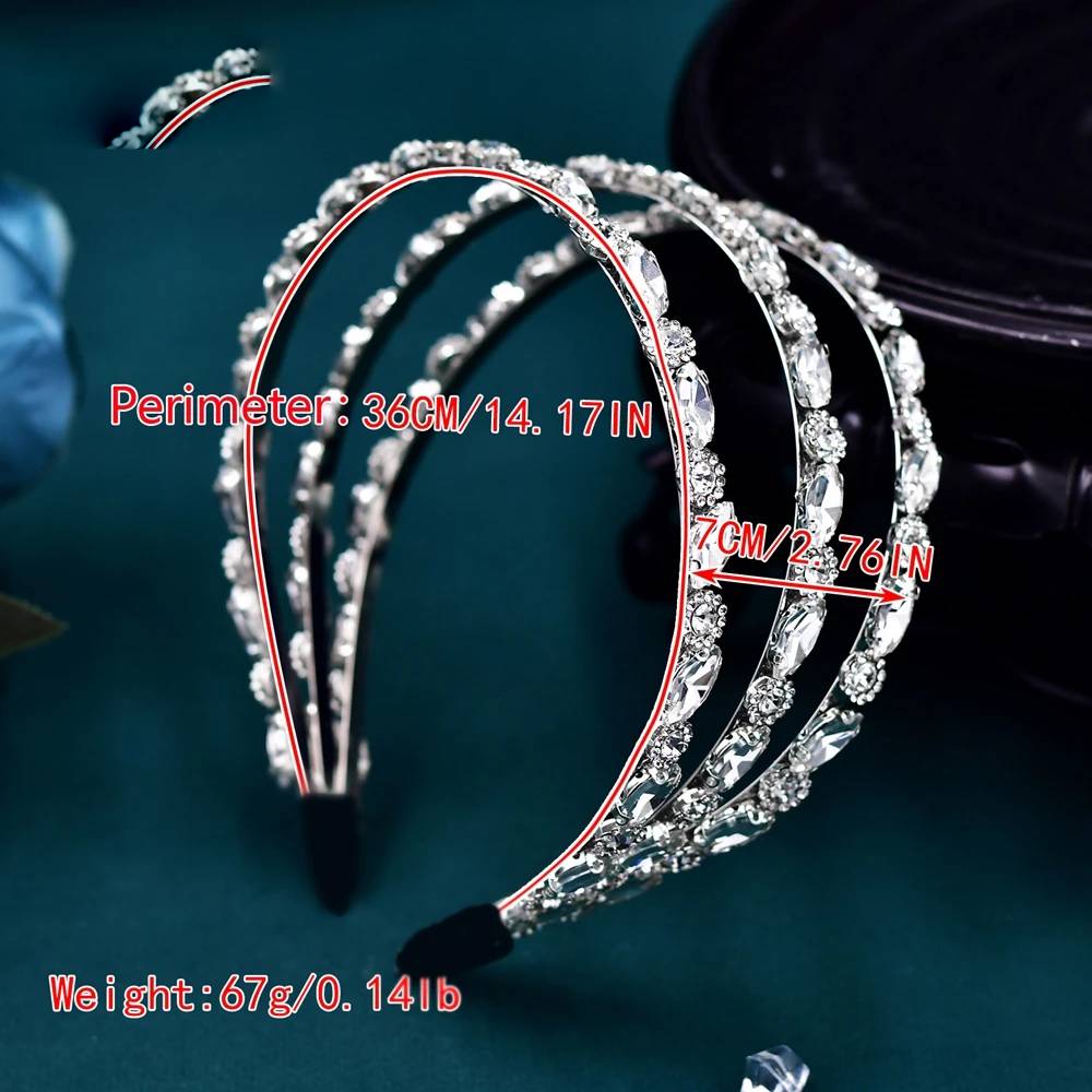 Measurement diagram for the multi-row rhinestone crystal bridal headband indicating a perimeter of 36cm, a width of 7cm, and a weight of 67g.