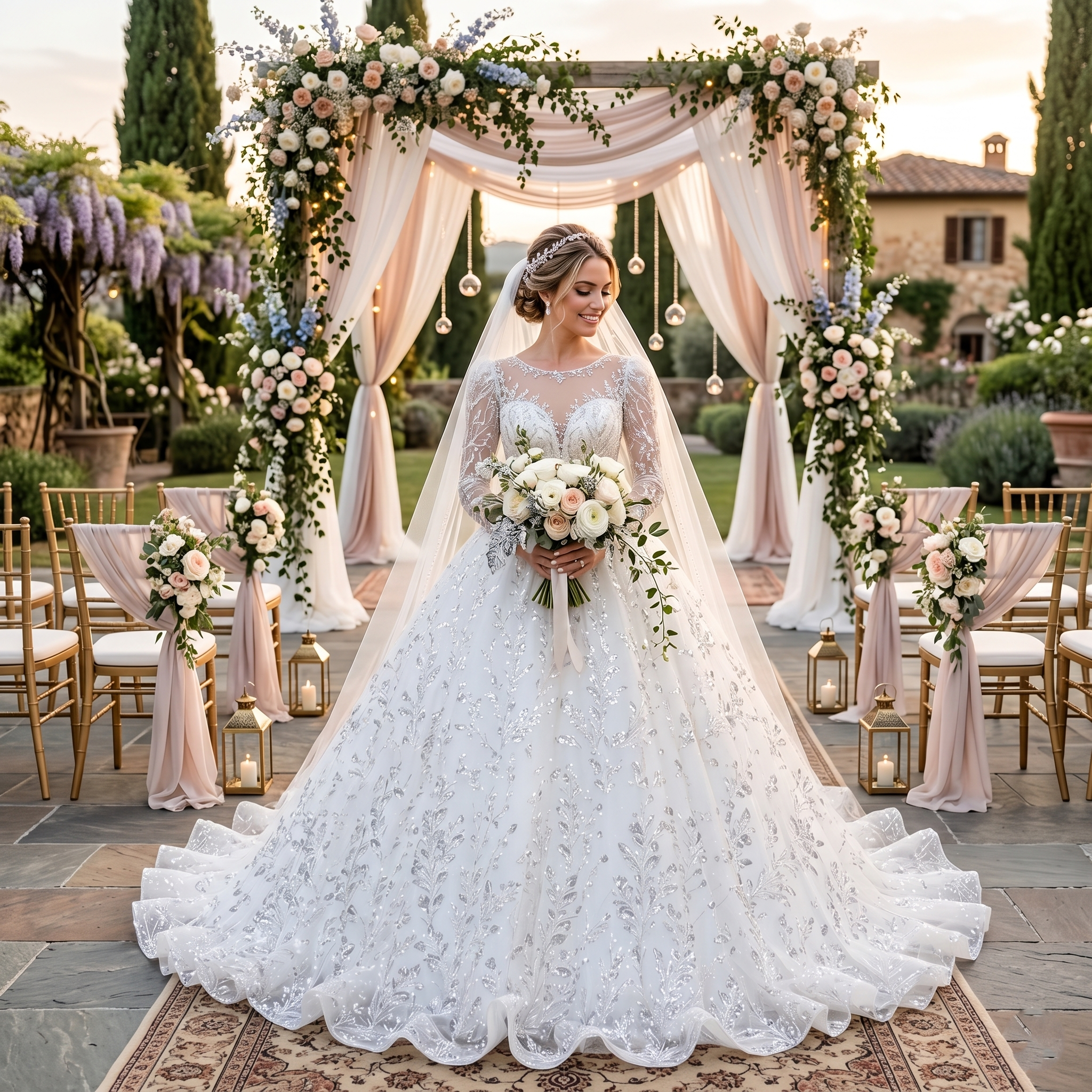 Full-length front view of a model in a vintage glitter ball gown wedding dress with a romantic sweetheart off-the-shoulder neckline, an intricately beaded bodice, and a voluminous sparkling tulle skirt.