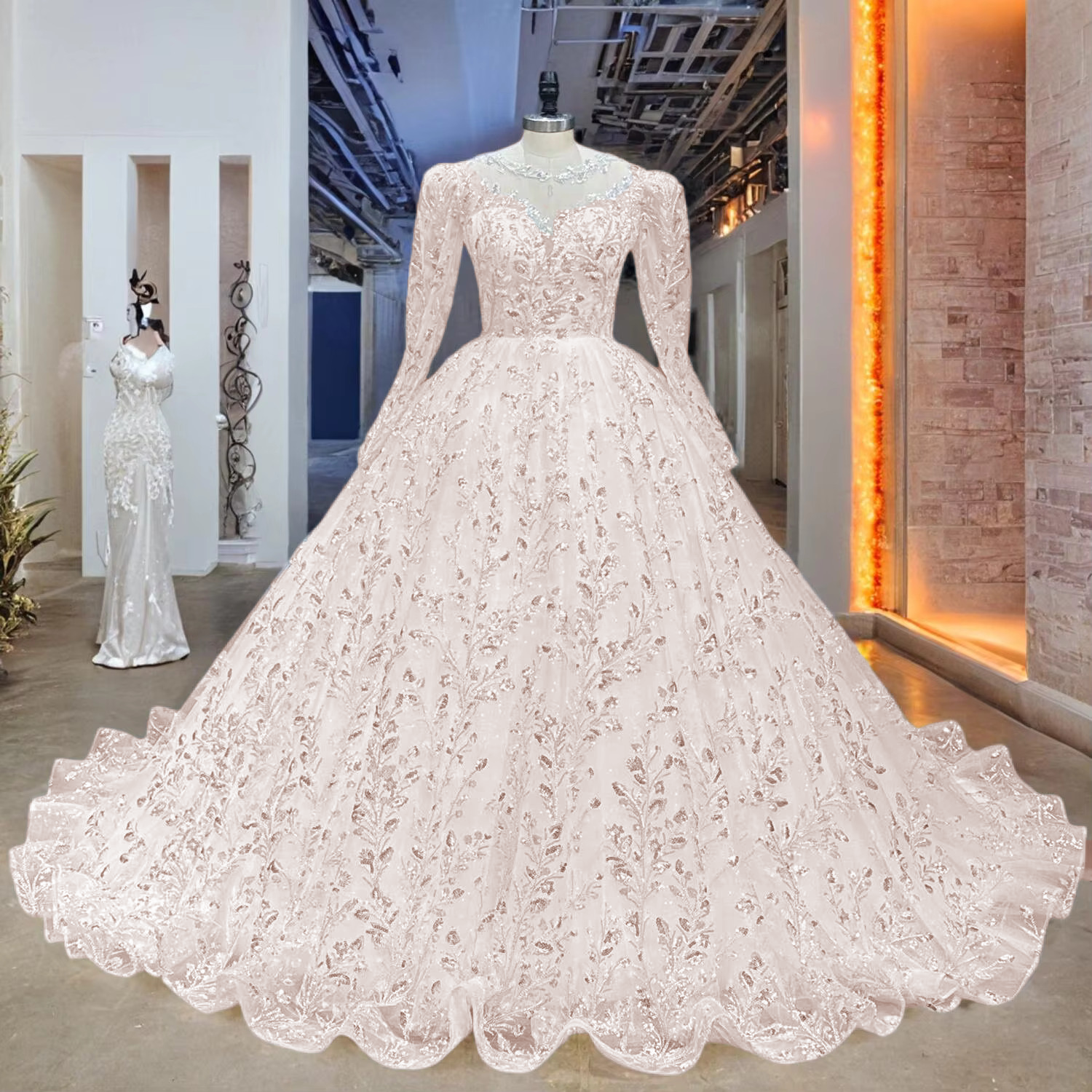 Full portrait of the luxury sparkling ball gown robe de mariage, featured in a sophisticated warm champagne tone variation under professional studio lighting.