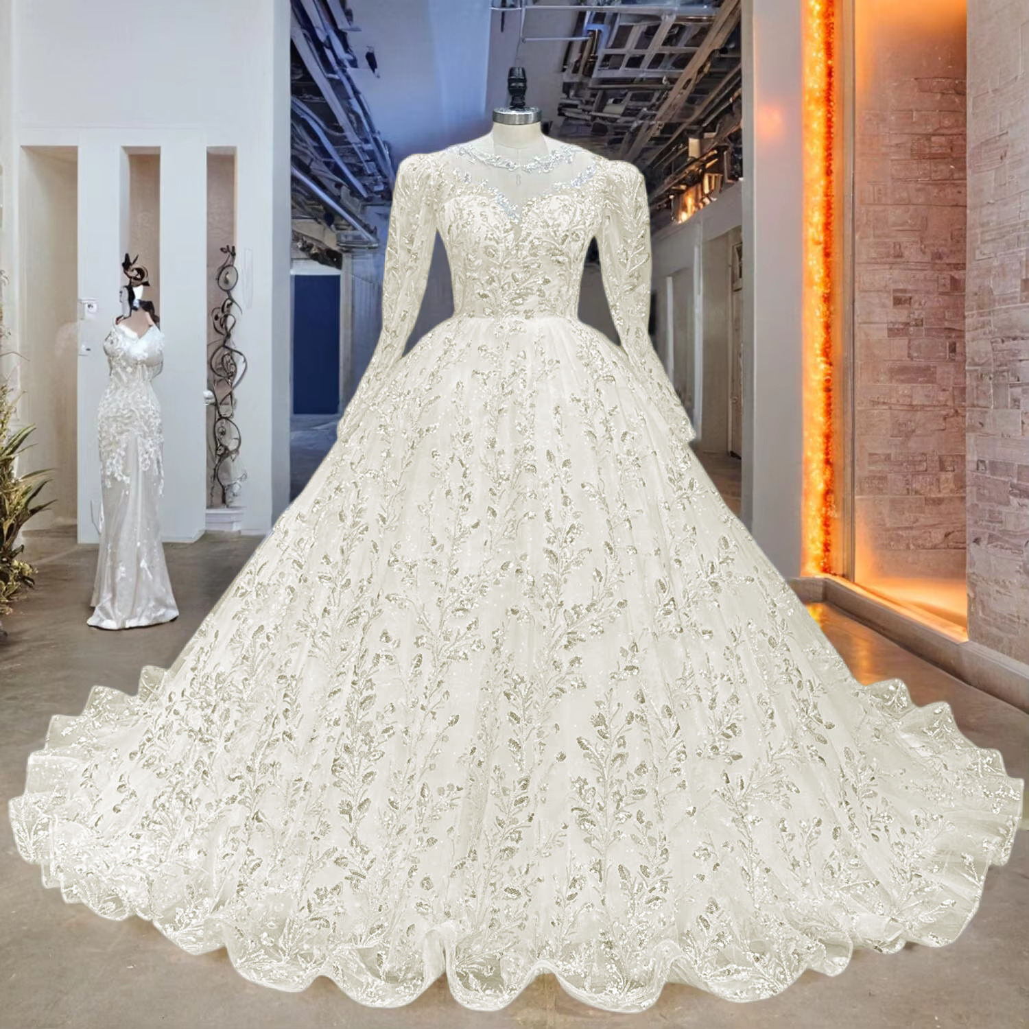 Full front view of the crystal-beaded glitter tulle wedding dress, shown in a timeless soft ivory shade variant emphasizing its classic lines.