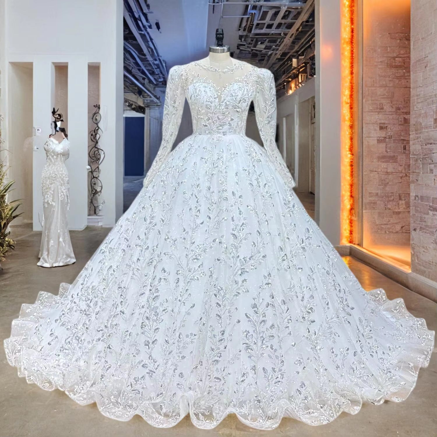 Complete full-length silhouette view of the vintage glitter ball gown wedding dress with a lace-up back, accentuating the dramatic royal volume and layered sparkle of the skirt.