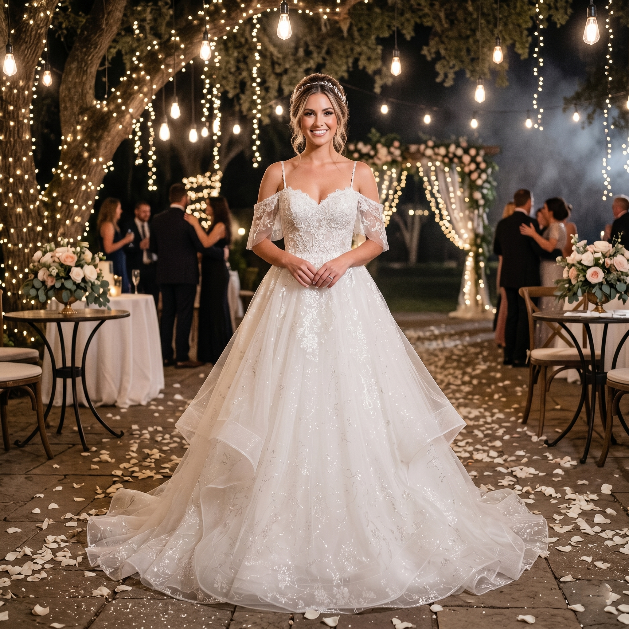 Smiling bride standing outdoors under an elegant floral arch, wearing a robe marriage sweetheart A-line wedding dress with delicate spaghetti straps and a flowing tulle skirt.