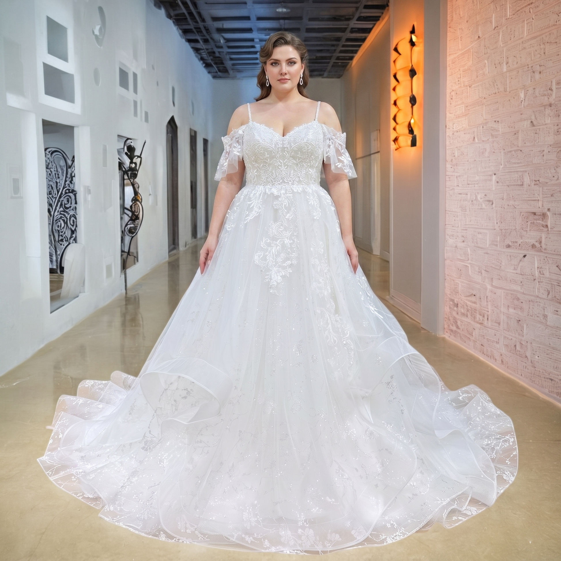 Plus-size bridal model in a modern indoor gallery space showcasing a sleeveless robe marriage sweetheart A-line wedding dress featuring fine lace embroidery on the bodice.
