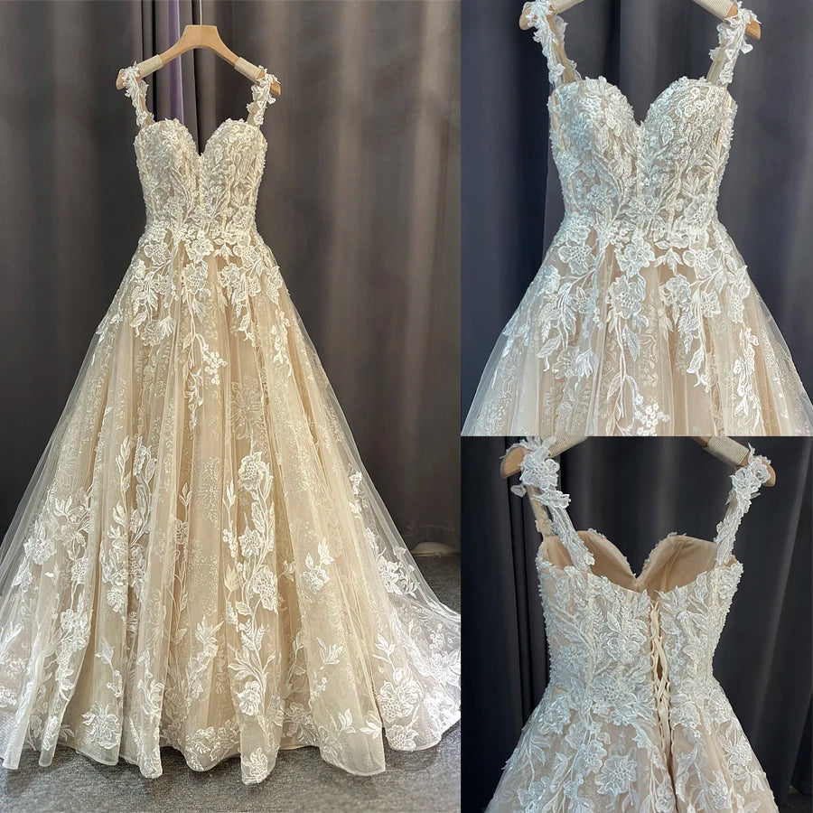 Collage showing the front bodice, full length, and lace-up back of a romantic A-line lace bridal dress on a hanger.