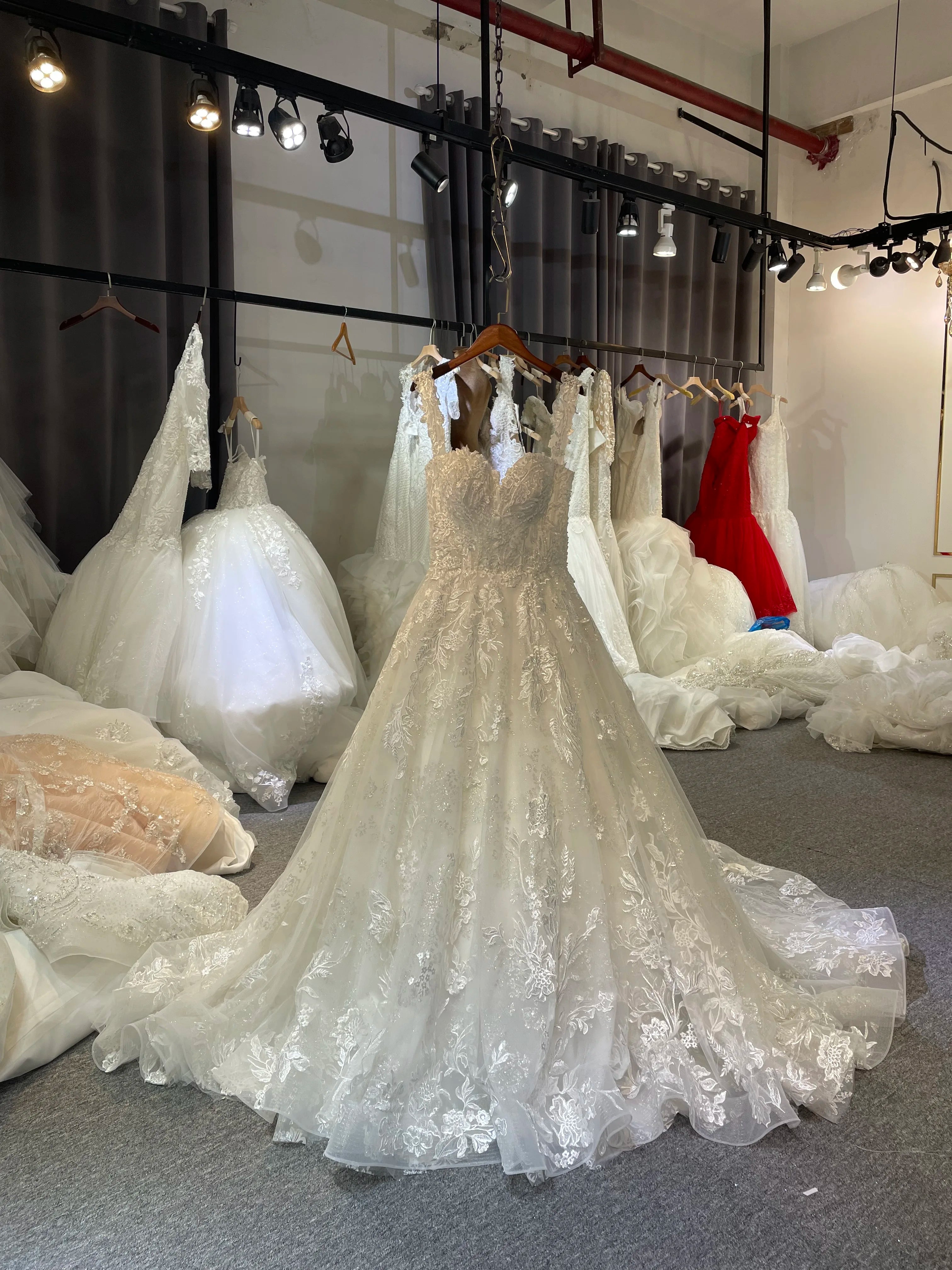 Front view of the romantic A-line bridal gown hanging in a showroom, highlighting the floral lace applique.