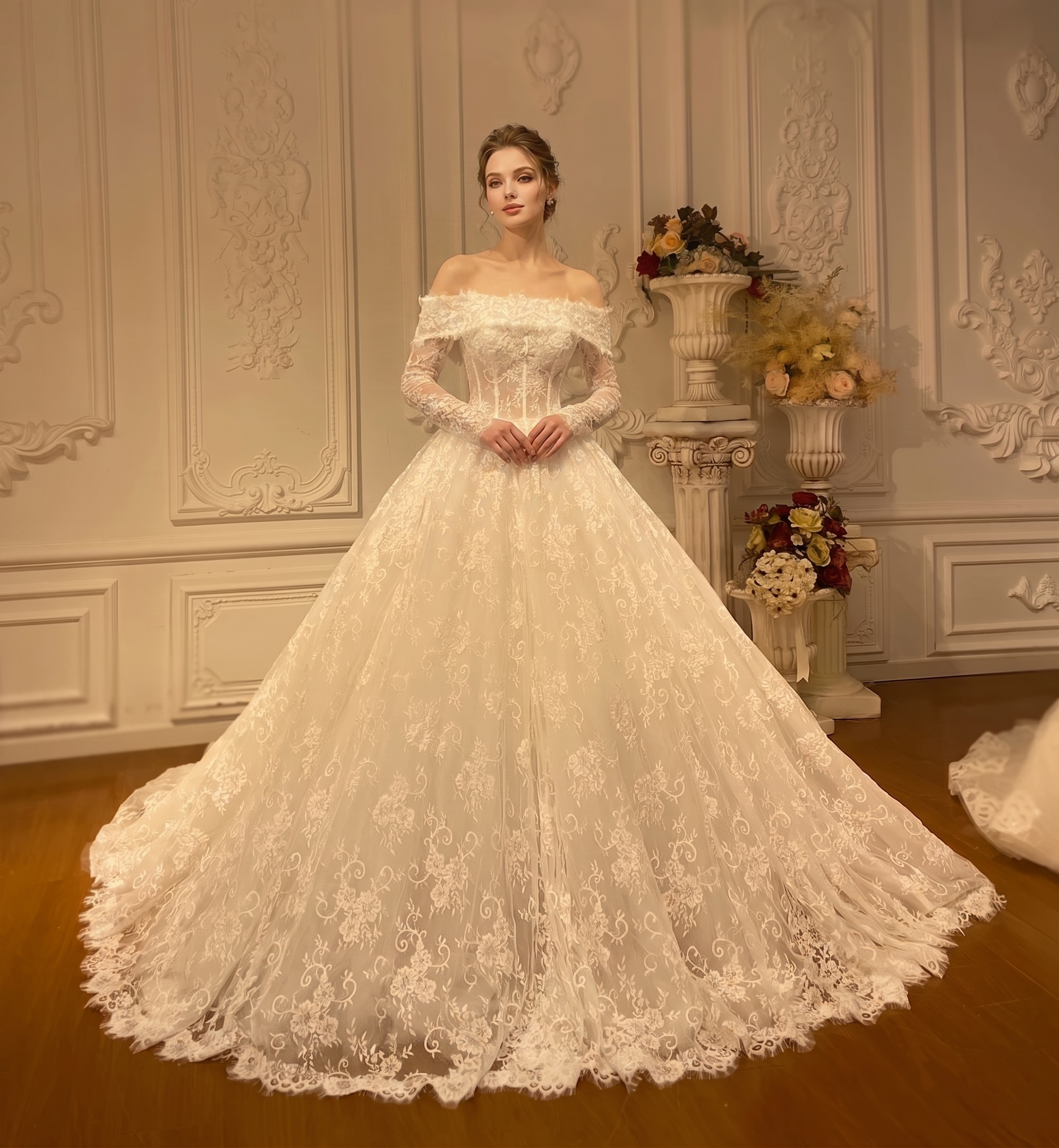 Full-length front view of a romantic off-the-shoulder A-line wedding dress with long lace sleeves and a corset-style bodice.