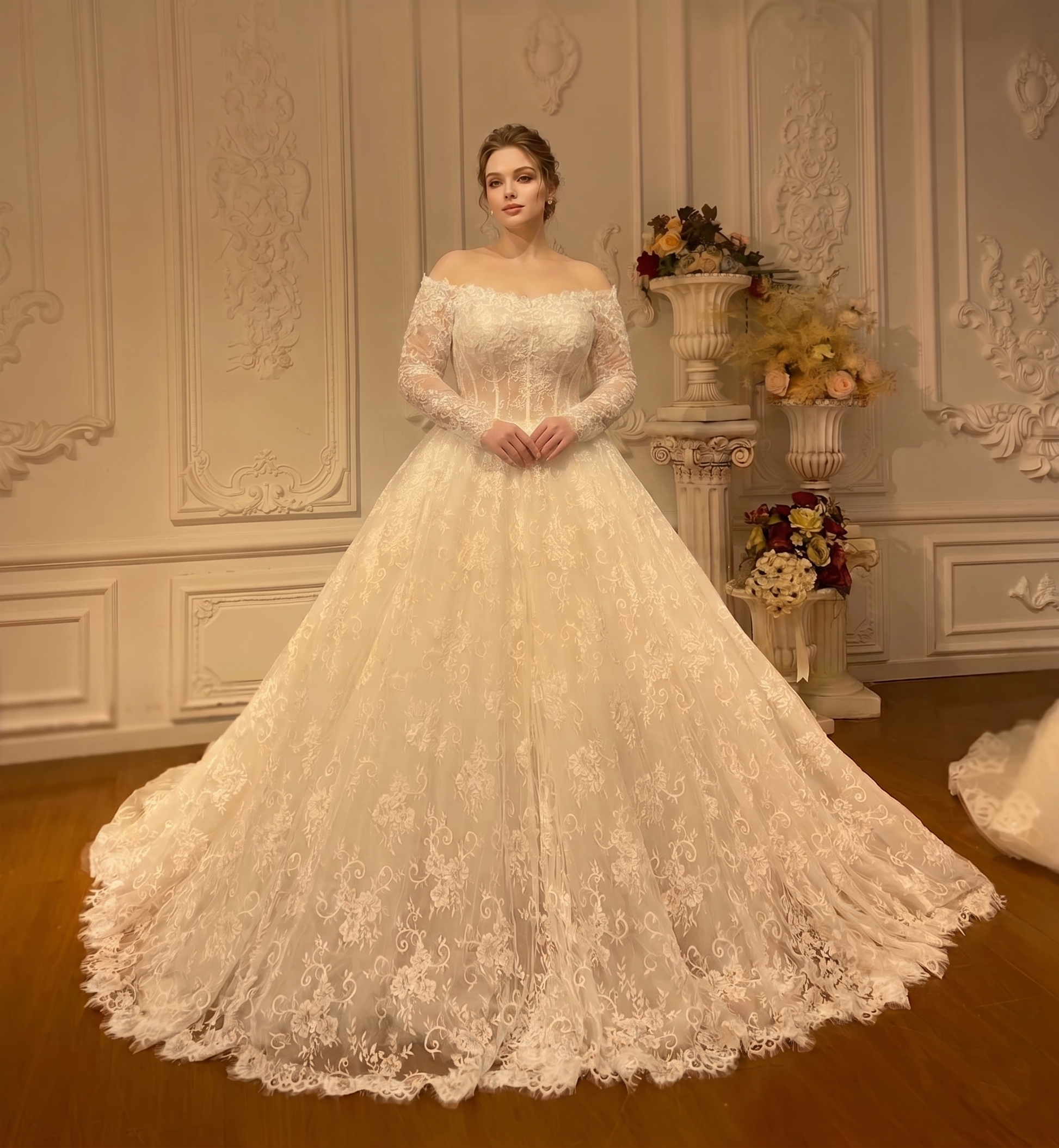 Elegant A-line bridal gown with off-the-shoulder long lace sleeves and intricate floral embroidery, shown on a mid-size model.