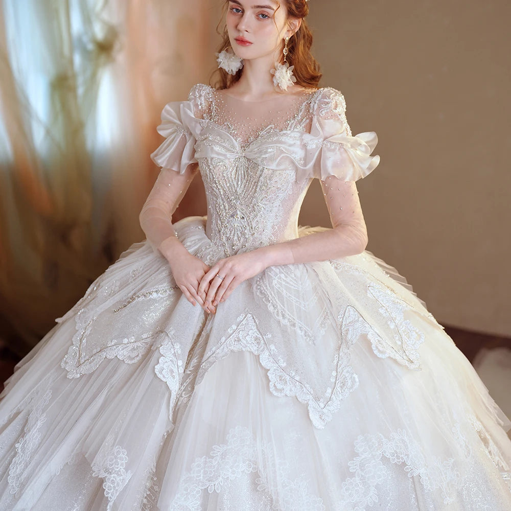 Romantic Organza O-Neck Full Sleeve Wedding Dress with Button Illusion – Elsi John