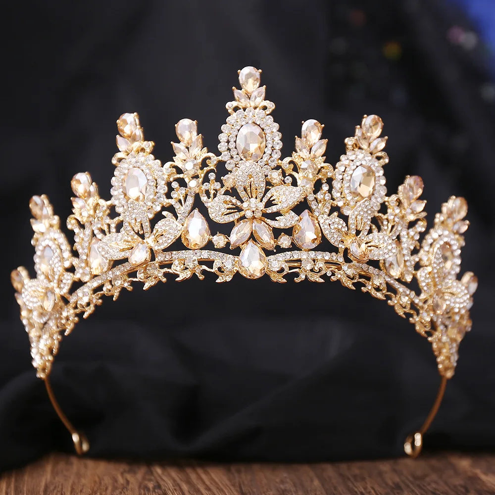 Gold Crystal Queen Tiara Crown for Women – Wedding & Party Accessory