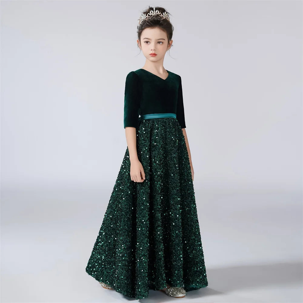 three quarter sleeve sequin dress Nox Anabel MF103 Long Sequin Bodice 3/4 Sleeve A-line Gown Mocha / 22W