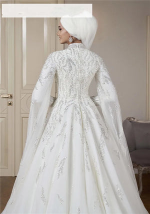 Elegant White Tulle High Neck Long Sleeve Wedding Ball Gown Embroidered Glitter Sequin Hidden Zipper A-line Arabian Bridal Gown