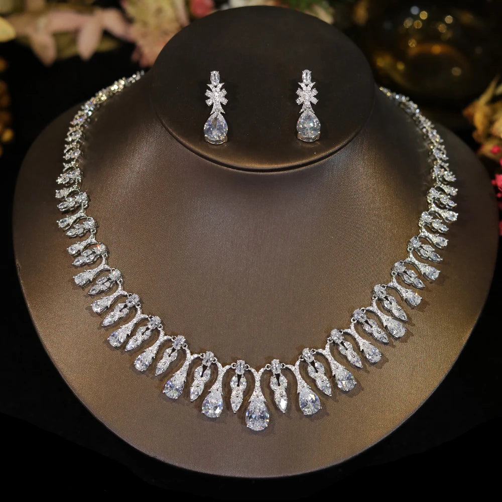 Luxury White CZ Water Drop Necklace Set – Elegant Jewelry for Women