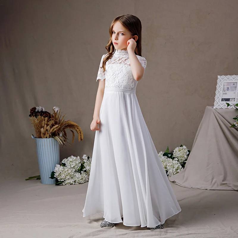 white lace junior bridesmaid dress Summer Elegant White Dresses For Teen Girl,Lace Patchwork Short Sleeve High-Low Dress,Formal Junior Bridesmaid Dress For Confirmation & Graduation