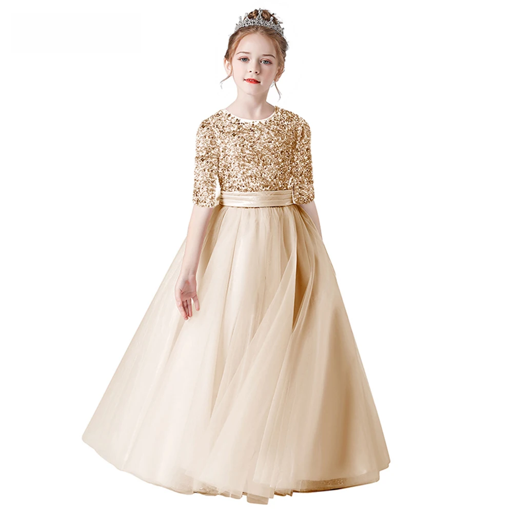 Sequin Tulle Long Gown for Girls with Half Sleeves – Party, Pageant, or Wedding Dress