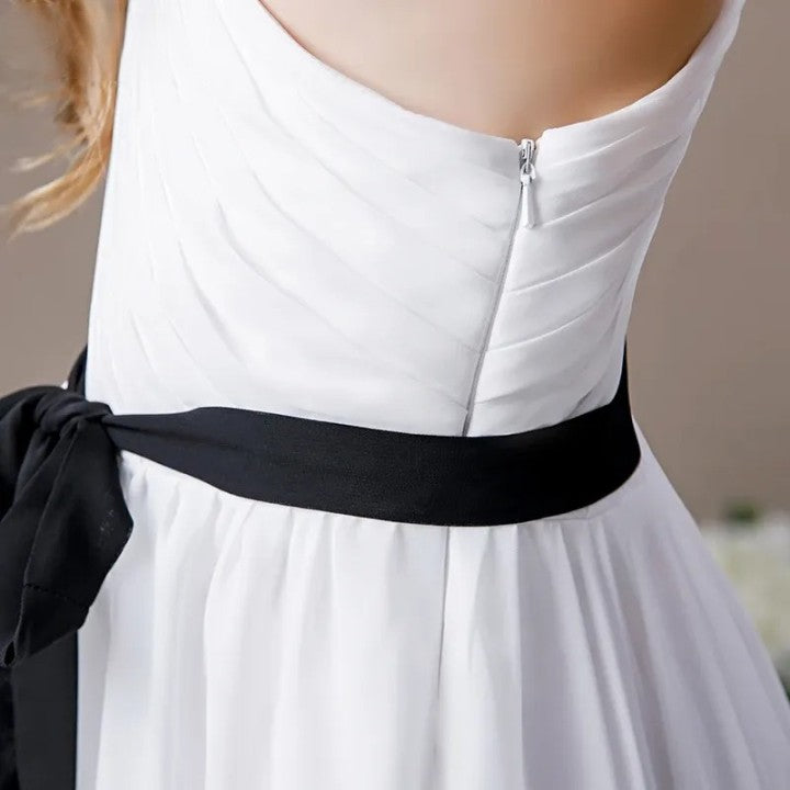 White Chiffon One Shoulder Flower Girl First Communion Dress