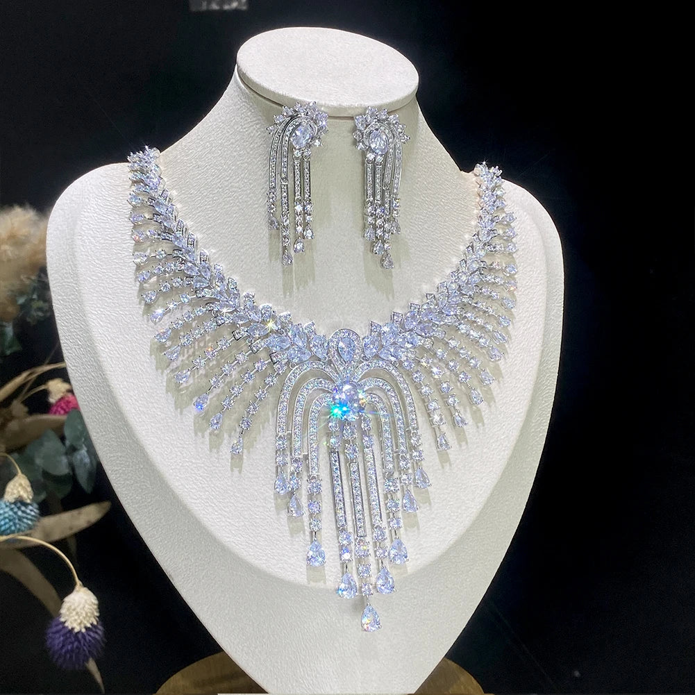 Luxury CZ Tassel Necklace Set – 2pcs Bridal Party Jewelry