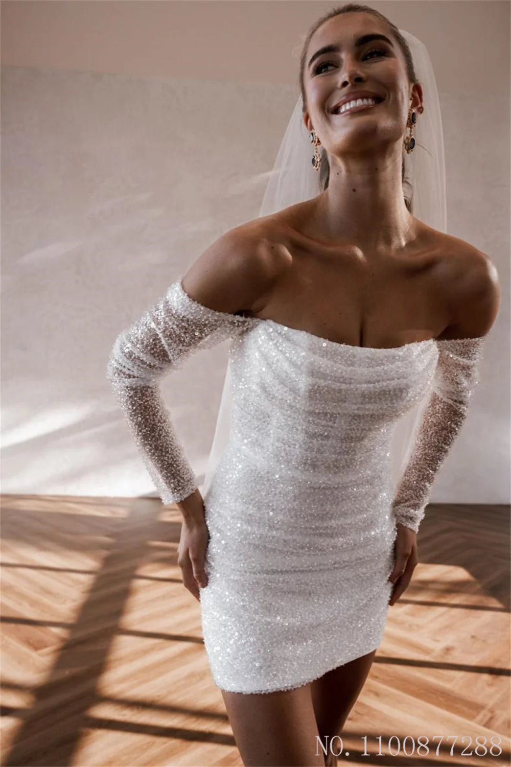 Simple Off Shoulder Sequins Glitter Wedding Dress See-through Short Mi Elsi John Simple Off Shoulder Sequins Glitter Wedding Dress See-through Short Mi Elsi John