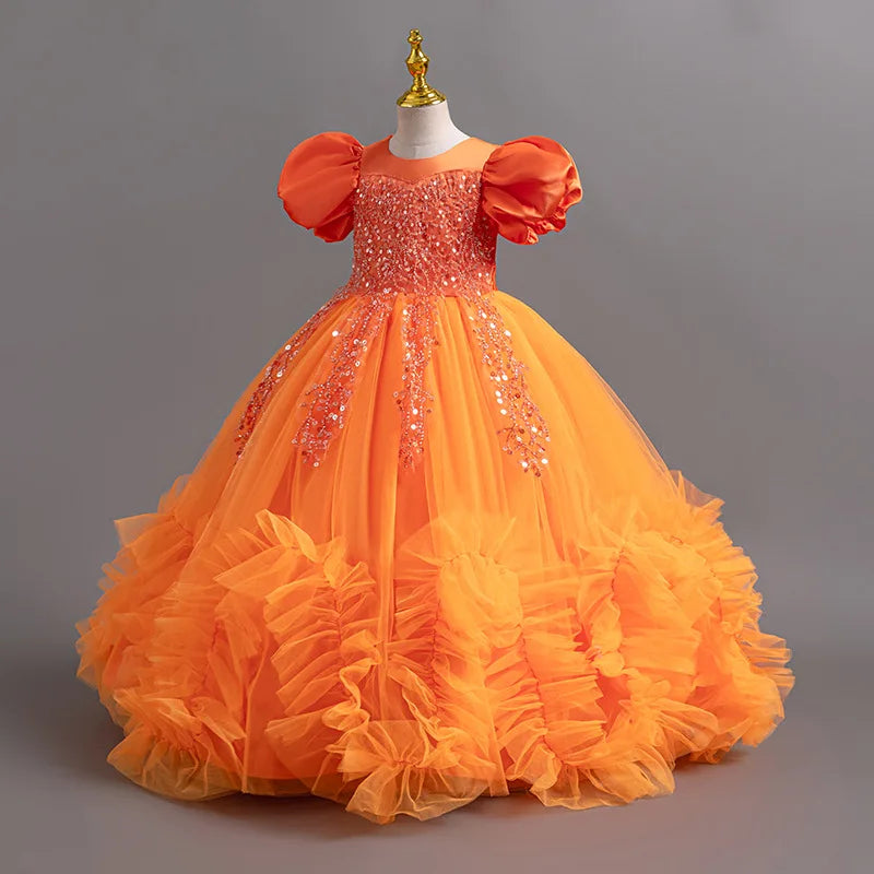 Girls Pearl Puff Sleeve Embroidered Princess Dress 4–12Y Party & Carnival Wear