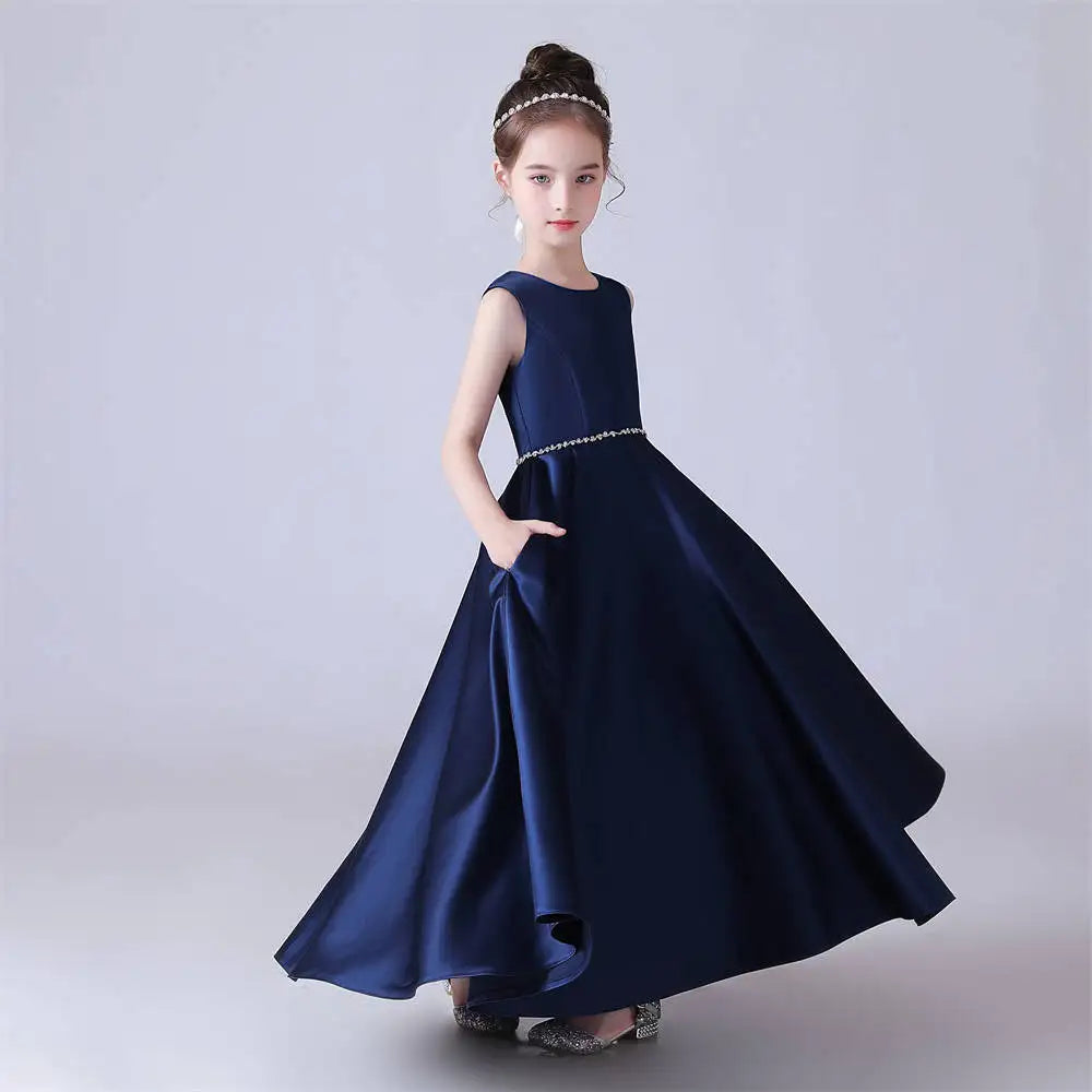 Satin O Neck Sleeveless Girls Party Dress