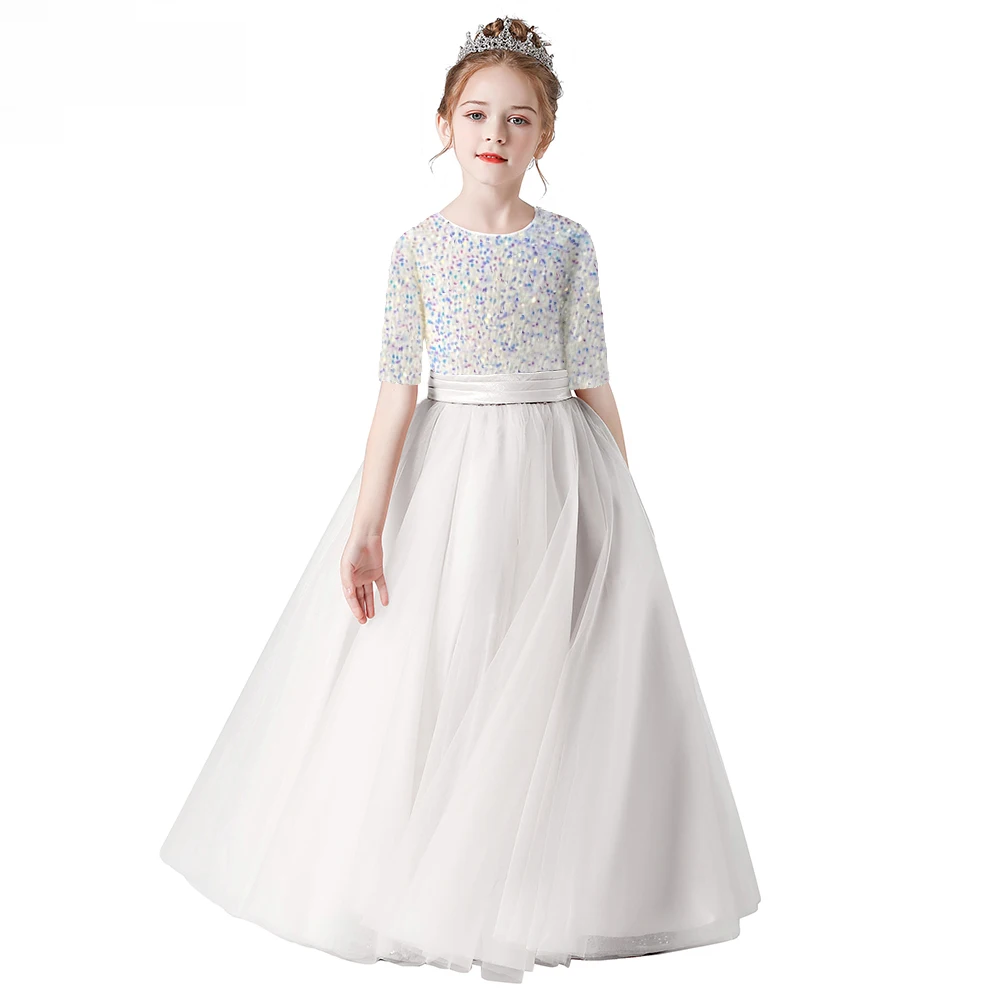 Sequin Tulle Long Gown for Girls with Half Sleeves – Party, Pageant, or Wedding Dress