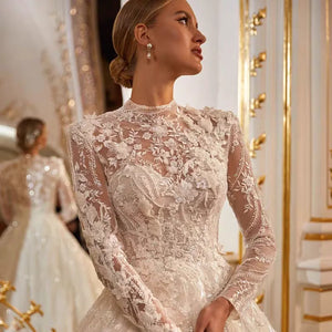 Long Sleeves Lace Wedding Dress A-Line High Neck Muslim Bridal Gown