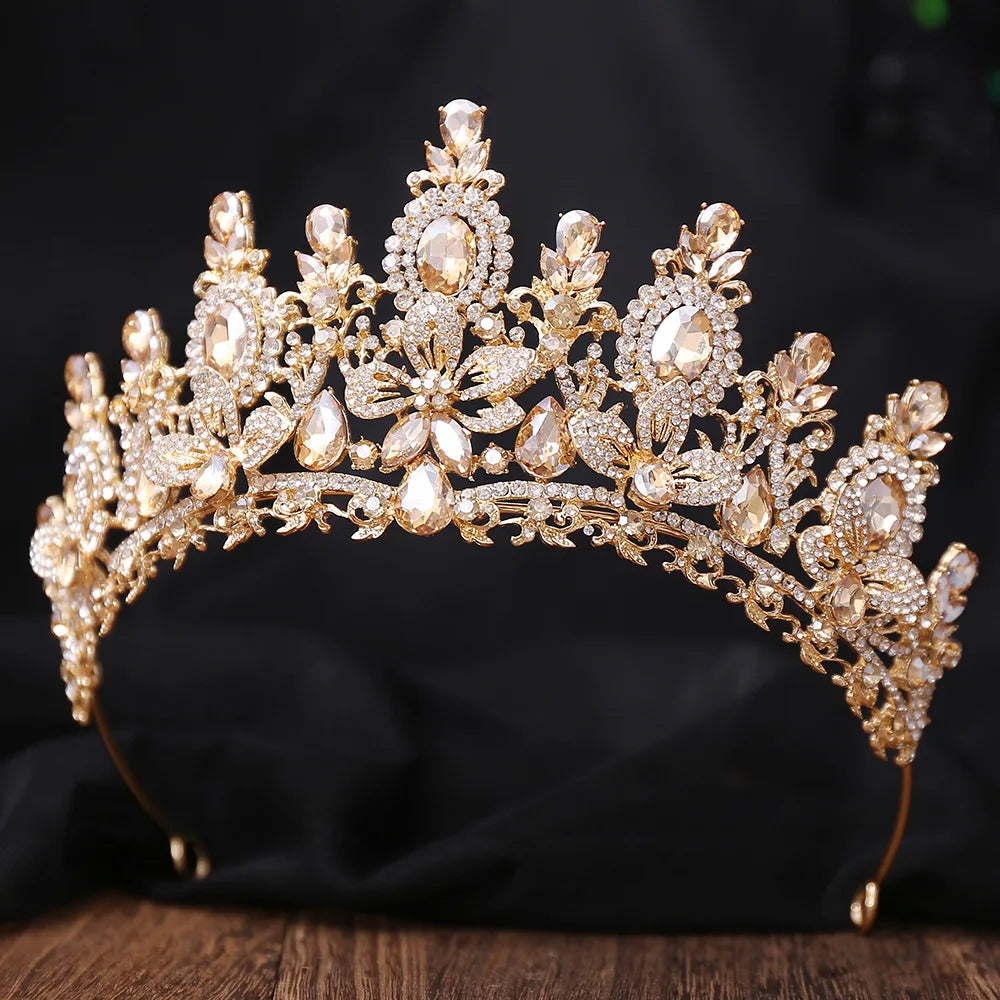 Gold Crystal Queen Tiara Crown for Women – Wedding & Party Accessory