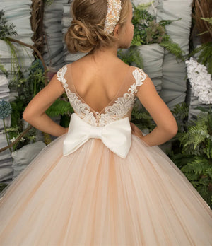 Puffy Appliques Long Bow Sleeveless Beaded Tulle Girls Dress