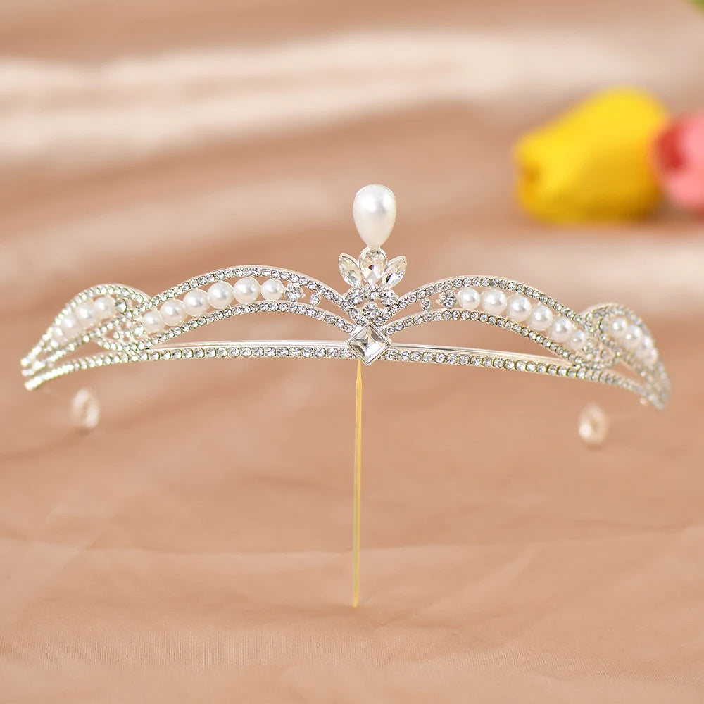 Elegant Crystal & Pearl Queen Crown Headband – Bridal Rhinestone Tiara for Women