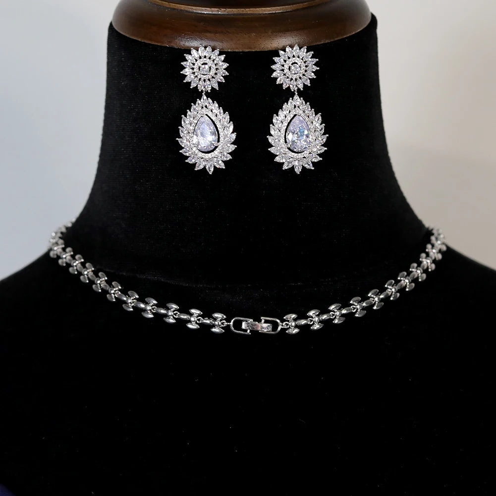Sparkling Cubic Zirconia Pendant Necklace and Earring Set for Wedding and Party