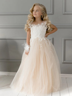 Champagne Glitter Lace Tulle Toddler Floral Ball Gown
