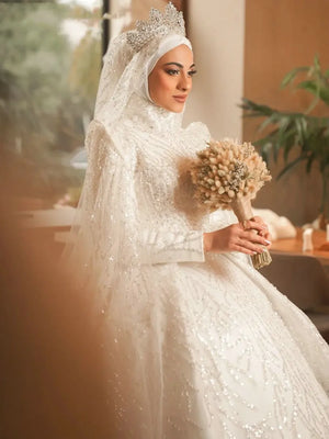 Luxury High Collar Muslim Wedding Dress Ball Gown Puff Long Sleeves Arabic Bridal Gown