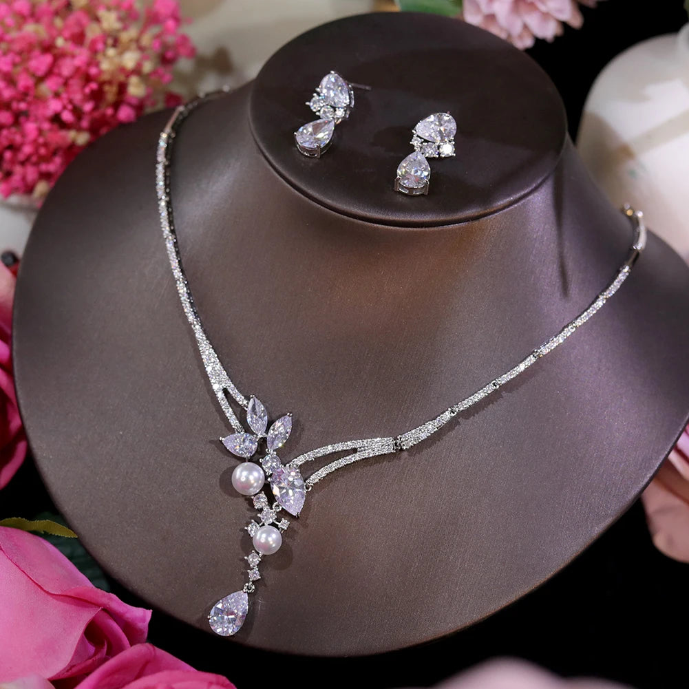 Elegant Pearl Jewelry Set – Zirconia Pendant Necklace & Drop Earrings, 2PCS Gift
