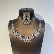 Luxury Crystal Red Flower Zircon Necklace & Earring Set for Brides
