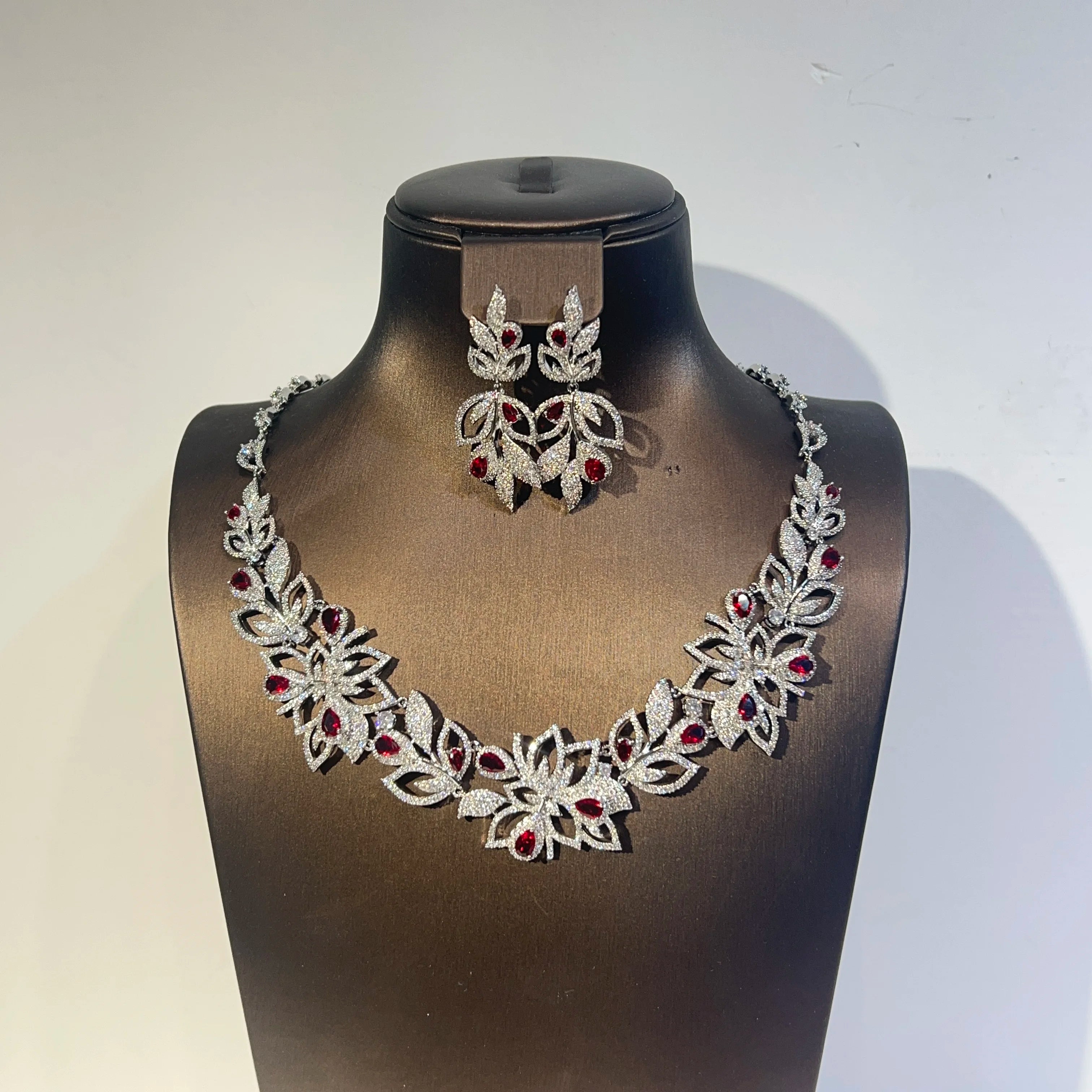 Luxury Crystal Red Flower Zircon Necklace & Earring Set for Brides