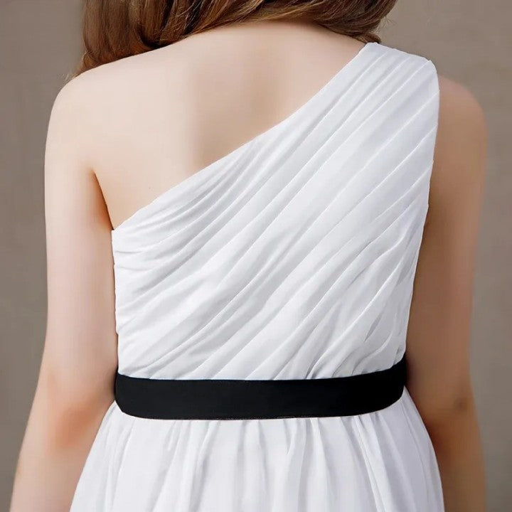 White Chiffon One Shoulder Flower Girl First Communion Dress