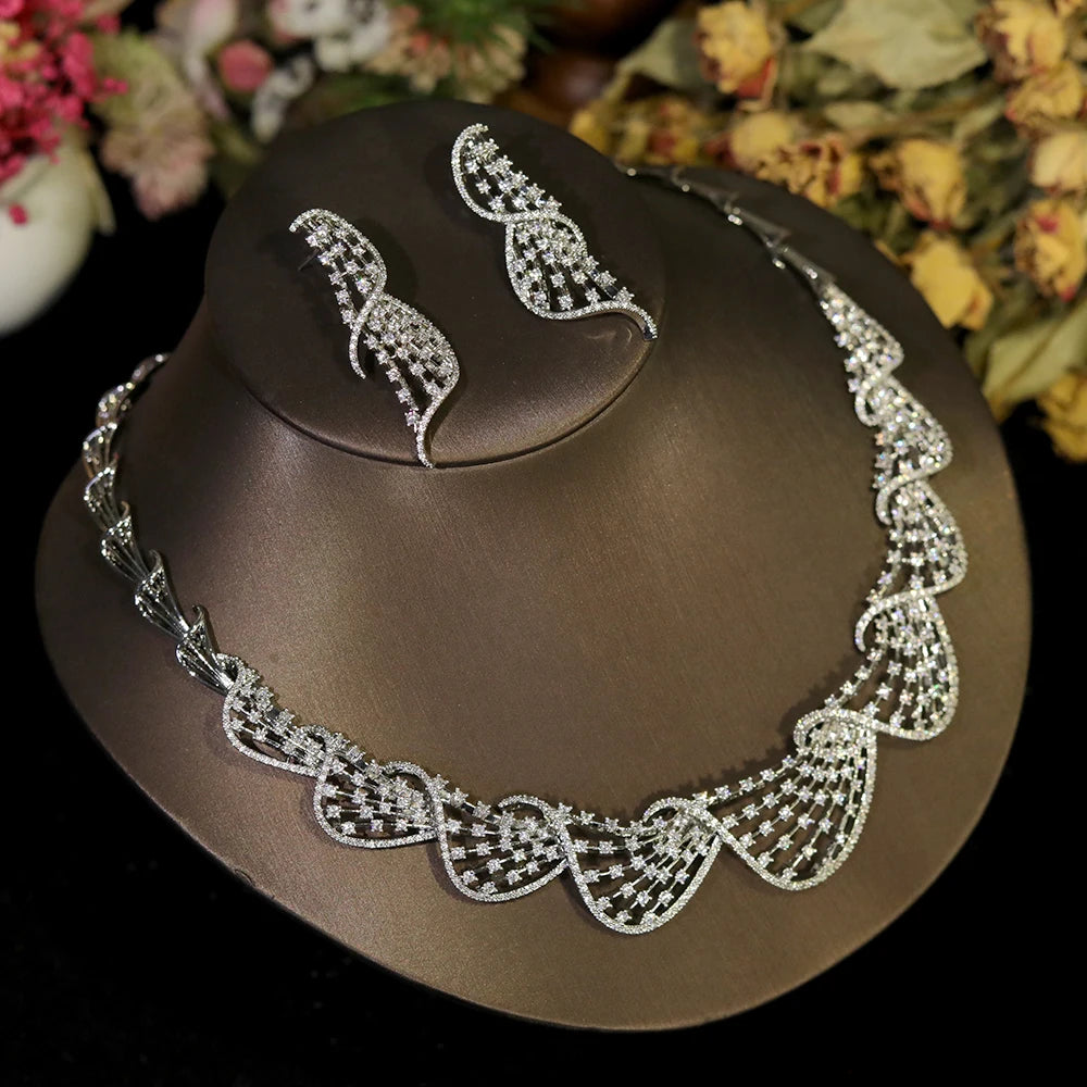 Dubai Bride Luxury CZ Jewelry Set – Circular Necklace & Earrings