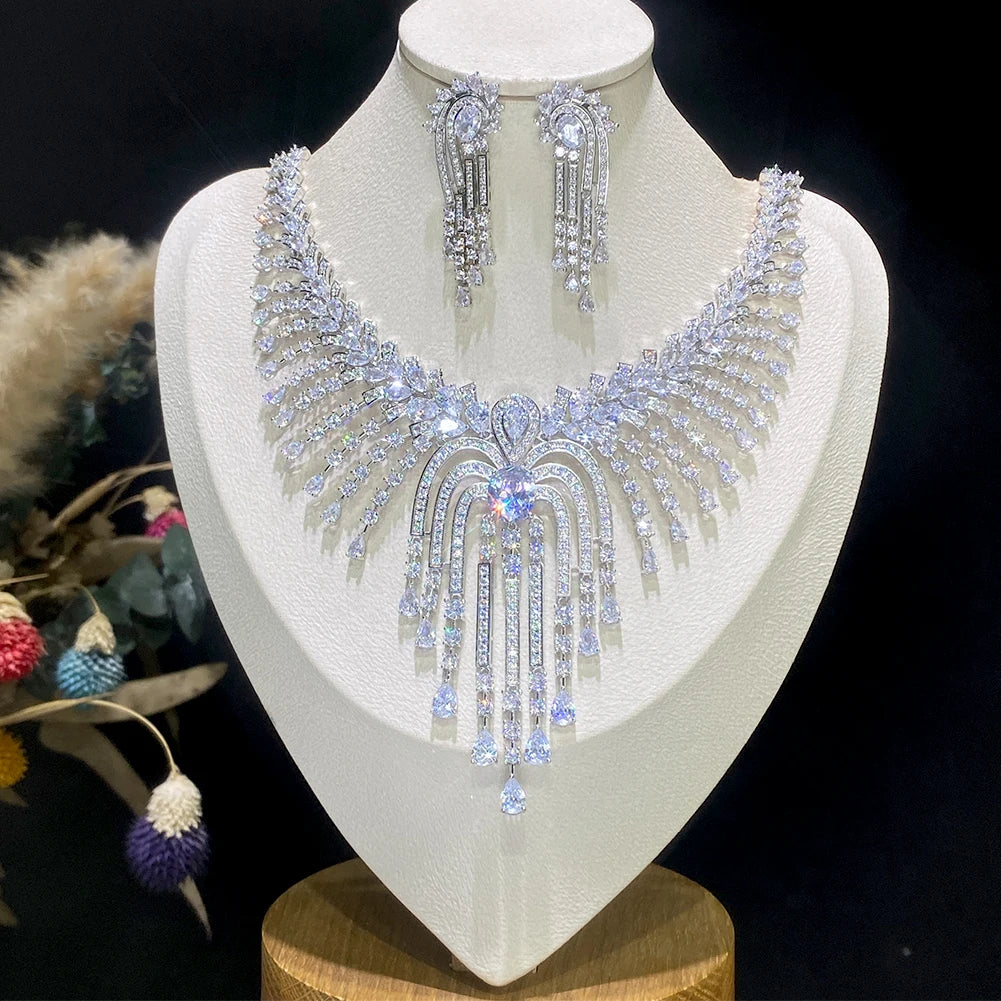 Luxury CZ Tassel Necklace Set – 2pcs Bridal Party Jewelry