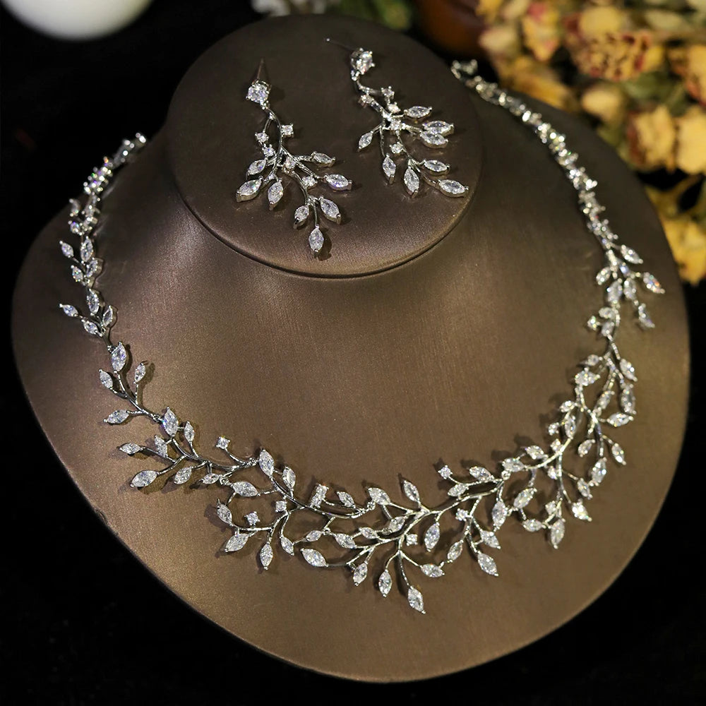 Cubic Zirconia Vine Jewelry Set – Bridal Necklace & Earrings for Women