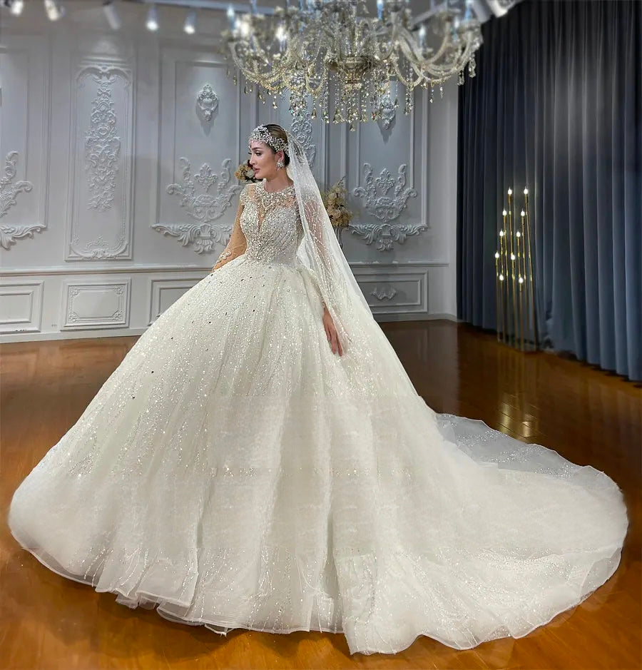 Luxury Sparkling Wedding Dress with Heavy Beading and Lace Skirt