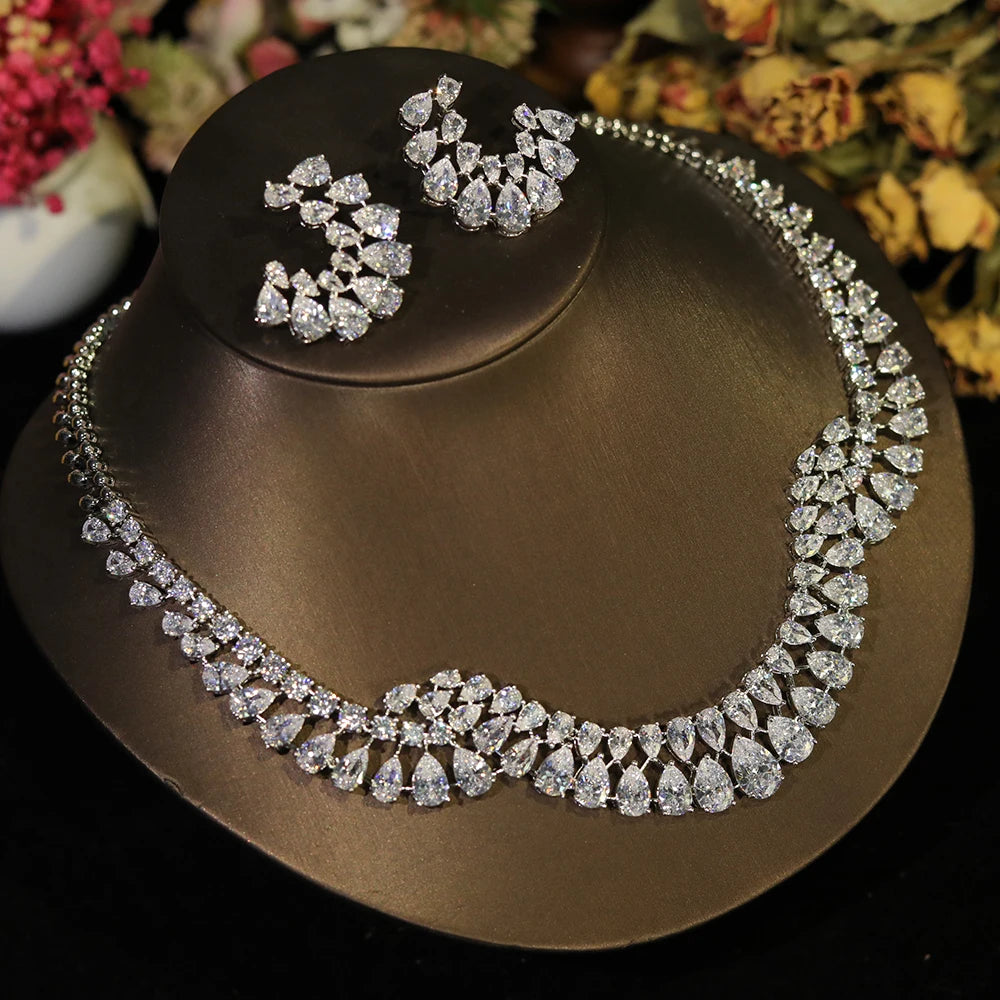 Luxury Geometric Zircon Wedding Necklace & Earring Jewelry Set for Women