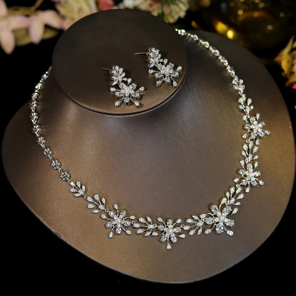 Flower Zircon Choker Necklace Set – Bridal Jewelry for Women