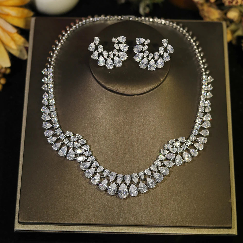 Luxury Geometric Zircon Wedding Necklace & Earring Jewelry Set for Women
