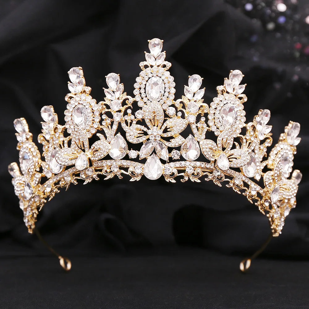 Gold Crystal Queen Tiara Crown for Women – Wedding & Party Accessory