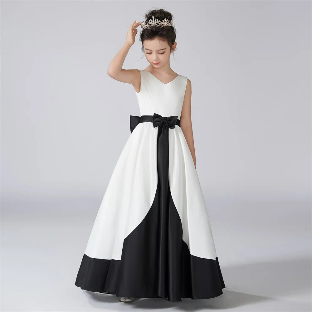 Black and White Detachable Bow Girls Party Dress, Picture Color / child-2 Black and White Detachable Bow Girls Party Dress, Picture Color / child-2