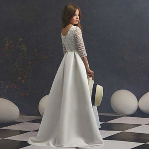 White Satin Beaded Lace A-line Elegant Girls Dress