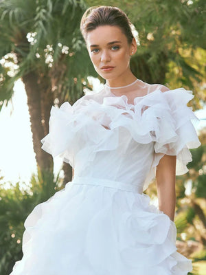 Exquisite Ball Gown Wedding Dress Pleat Tiered Organza Cap Sleeves Bridal Gown