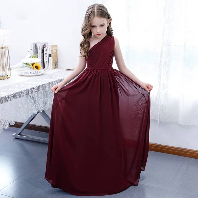 Burgundy One-Shoulder Chiffon Flower Girl Dress Junior Bridesmaid Gown Elsi John Burgundy One-Shoulder Chiffon Flower Girl Dress Junior Bridesmaid Gown Elsi John